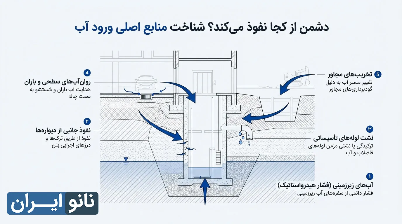 منابع اصلی ورود آب به چاله آسانسور